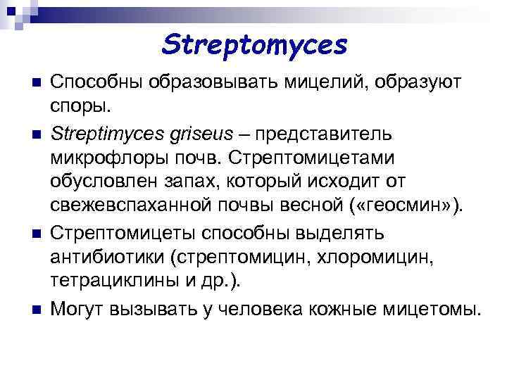 Streptomyces n n Способны образовывать мицелий, образуют споры. Streptimyces griseus – представитель микрофлоры почв.