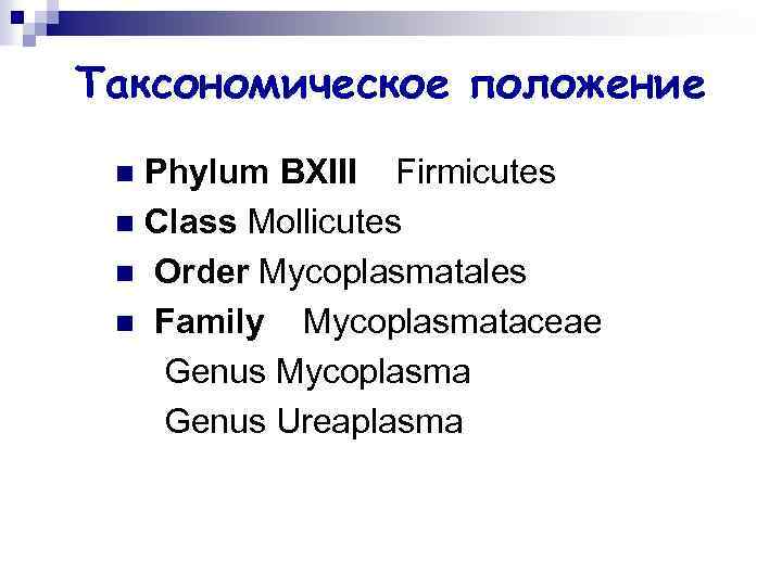 Таксономическое положение Phylum BXIII Firmicutes n Class Mollicutes n Order Mycoplasmatales n Family Mycoplasmataceae