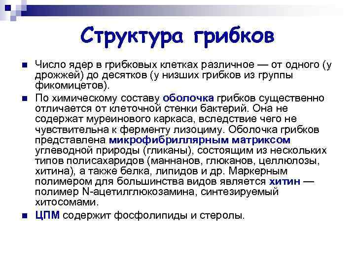 Структура грибков n n n Число ядер в грибковых клетках различное — от одного