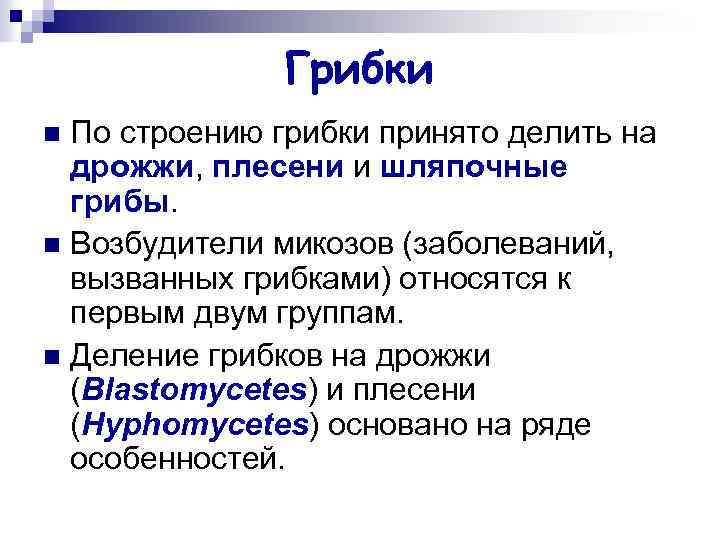 Грибки По строению грибки принято делить на дрожжи, плесени и шляпочные грибы. n Возбудители