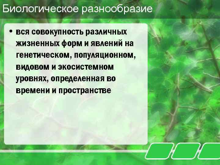 Биологическое разнообразие • вся совокупность различных жизненных форм и явлений на генетическом, популяционном, видовом