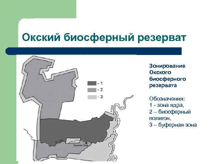 Окский биосферный резерват Зонирование Окского биосферного резервата Обозначения: 1 - зона ядра, 2 –