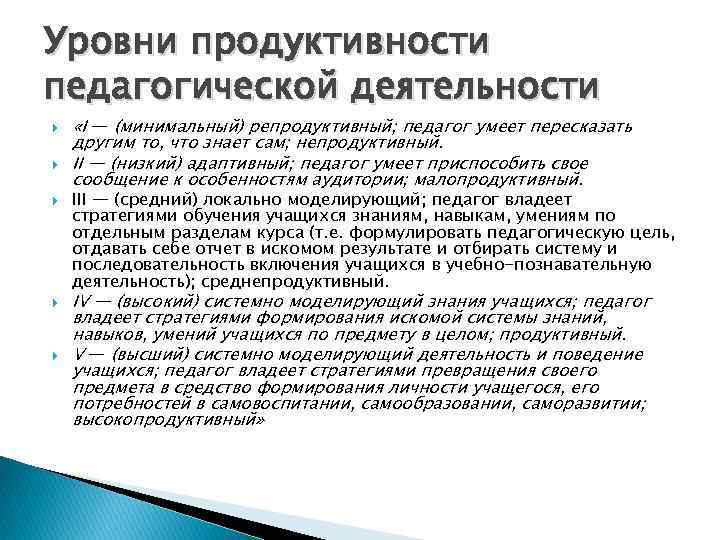 Обладать уровнем. Уровни продуктивности педагогической деятельности. Различают уровни продуктивности педагогической деятельности. Продуктивный уровень педагогической деятельности это. Пять уровней продуктивности педагогической деятельности.