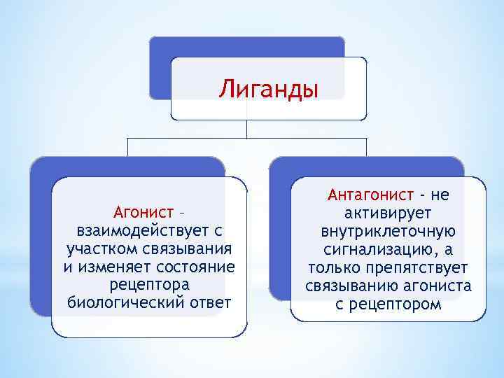 Лиганды Агонист – взаимодействует с участком связывания и изменяет состояние рецептора биологический ответ Антагонист
