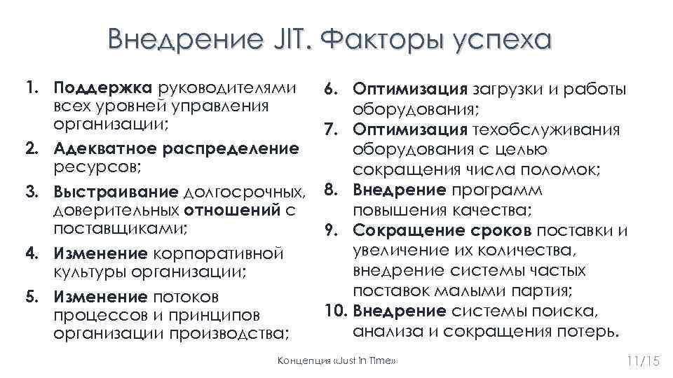 Внедрение JIT. Факторы успеха 1. Поддержка руководителями всех уровней управления организации; 2. Адекватное распределение