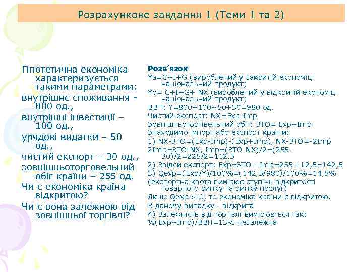 Розрахункове завдання 1 (Теми 1 та 2) Гіпотетична економіка характеризується такими параметрами: внутрішнє споживання