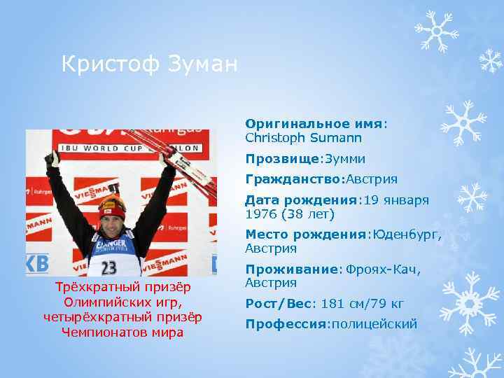 Кристоф Зуман Оригинальное имя: Christoph Sumann Прозвище: Зумми Гражданство: Австрия Дата рождения: 19 января