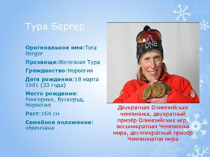 Тура Бергер Оригинальное имя: Tora Berger Прозвище: Железная Тура Гражданство: Норвегия Дата рождения: 18