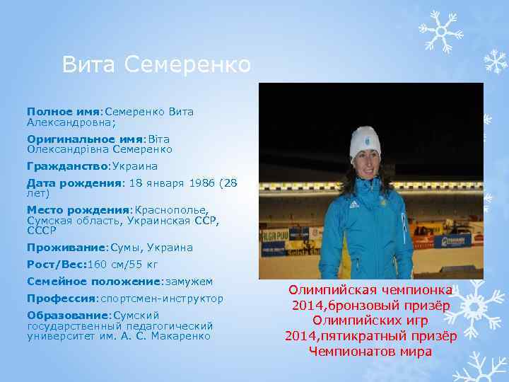 Вита Семеренко Полное имя: Семеренко Вита Александровна; Оригинальное имя: Віта Олександрівна Семеренко Гражданство: Украина