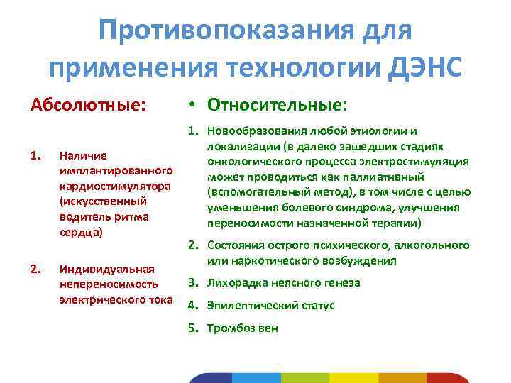 Противопоказания для применения технологии ДЭНС Абсолютные: 1. 2. • Относительные: 1. Новообразования любой этиологии