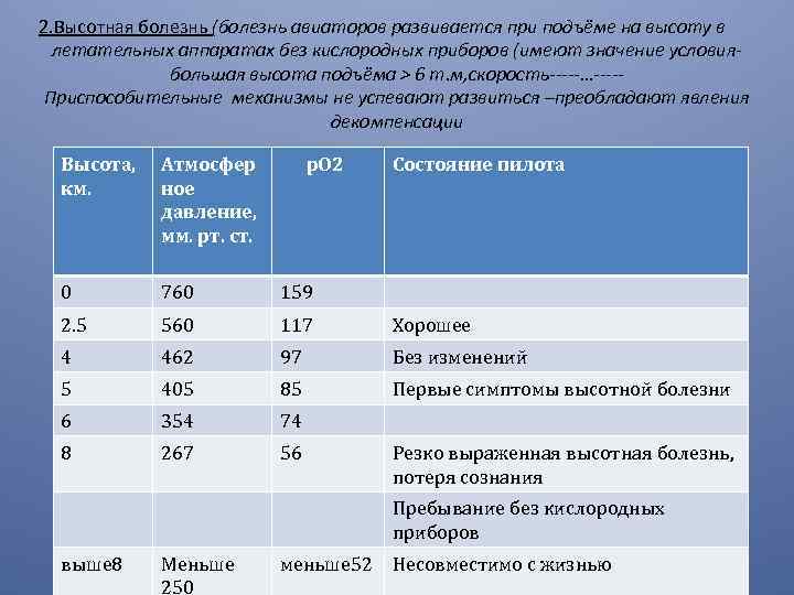 2. Высотная болезнь (болезнь авиаторов развивается при подъёме на высоту в летательных аппаратах без