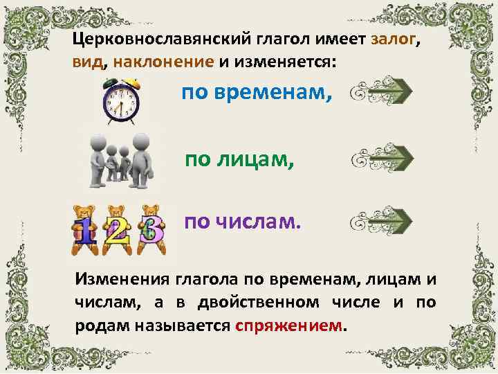 Церковнославянский глагол имеет залог, вид, наклонение и изменяется: по временам, по лицам, по числам.