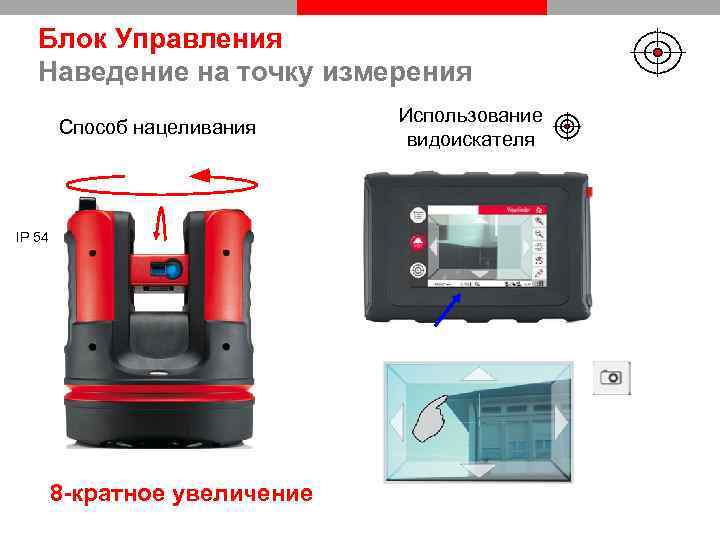 Блок Управления Наведение на точку измерения Способ нацеливания IP 54 8 -кратное увеличение Использование