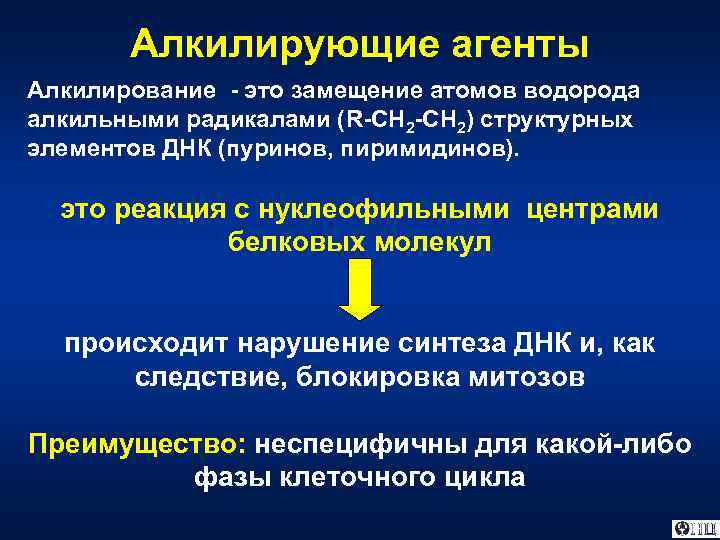 Алкилирующие агенты Алкилирование - это замещение атомов водорода алкильными радикалами (R-CH 2) структурных элементов