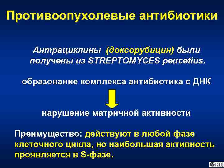 Противоопухолевые антибиотики Антрациклины (доксорубицин) были получены из STREPTOMYCES peucetius. образование комплекса антибиотика с ДНК