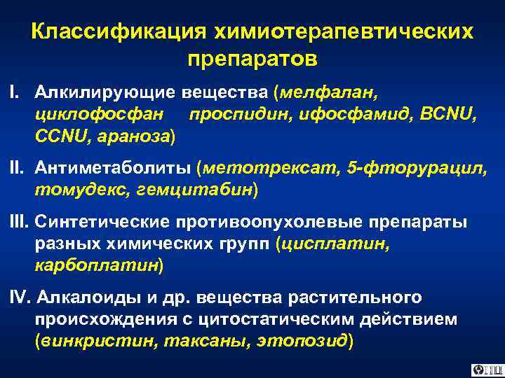 Классификация химиотерапевтических препаратов I. Алкилирующие вещества (мелфалан, циклофосфан проспидин, ифосфамид, BCNU, CCNU, араноза) II.