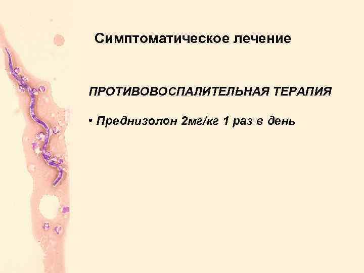 Симптоматическое лечение ПРОТИВОВОСПАЛИТЕЛЬНАЯ ТЕРАПИЯ • Преднизолон 2 мг/кг 1 раз в день 