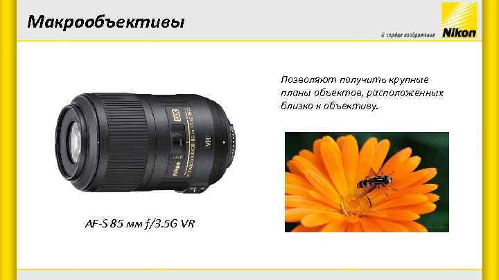 Макрообъективы Позволяют получить крупные планы объектов, расположенных близко к объективу. AF-S 85 мм f/3.
