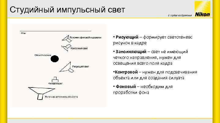 Студийный импульсный свет • Рисующий – формирует светотеневой рисунок в кадре • Заполняющий –