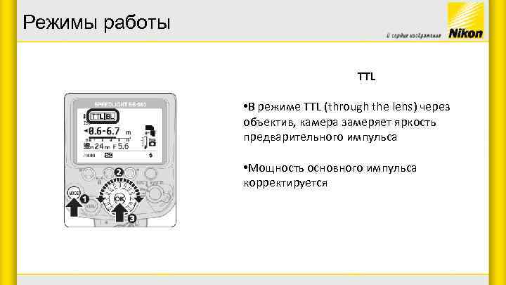 Режимы работы TTL • В режиме TTL (through the lens) через объектив, камера замеряет