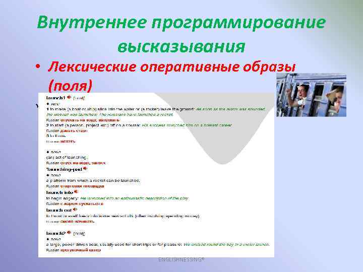 Внутреннее программирование высказывания • Лексические оперативные образы (поля) ü Понятие – значение ENGLISHNESSING® 