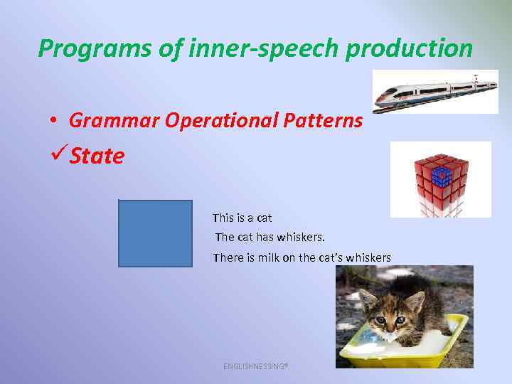 Programs of inner-speech production • Grammar Operational Patterns üState This is a cat The
