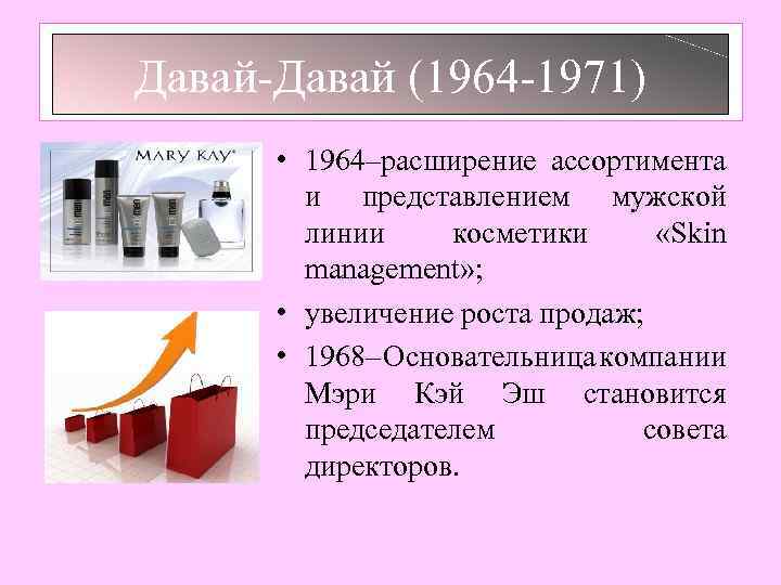 Давай-Давай (1964 -1971) • 1964–расширение ассортимента и представлением мужской линии косметики «Skin management» ;