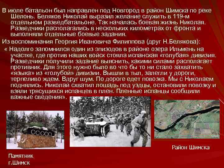 В июле батальон был направлен под Новгород в район Шимска по реке Шелонь. Беляков