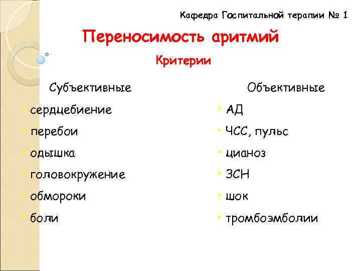 Кафедра Госпитальной терапии № 1 Переносимость аритмий Критерии Субъективные Объективные • сердцебиение • АД