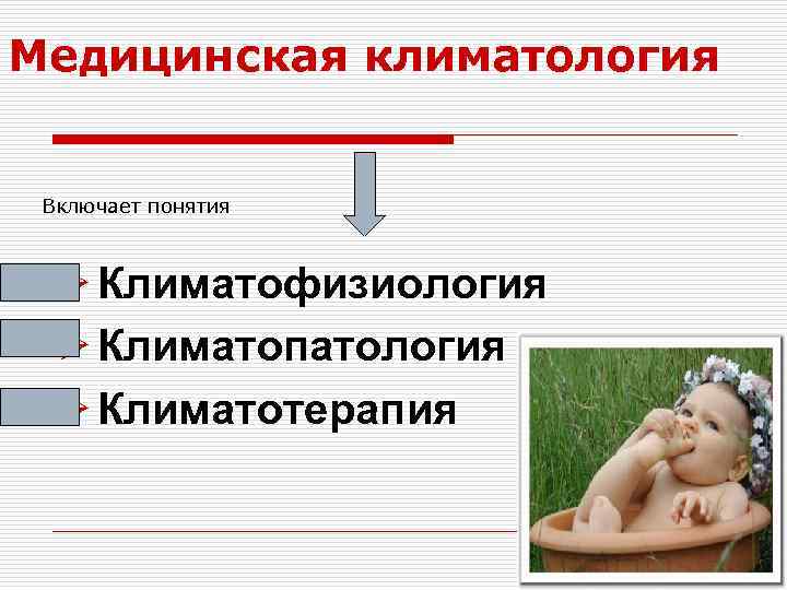 Медицинская климатология Включает понятия Ø Климатофизиология Ø Климатопатология Ø Климатотерапия 