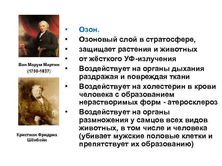 Ван Марум Мартин (1750 -1837) • • Кристиан Фридрих Шёнбейн Озоновый слой в стратосфере,