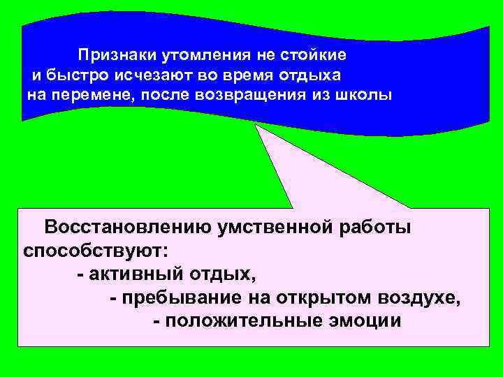  Признаки утомления не стойкие и быстро исчезают во время отдыха на перемене, после