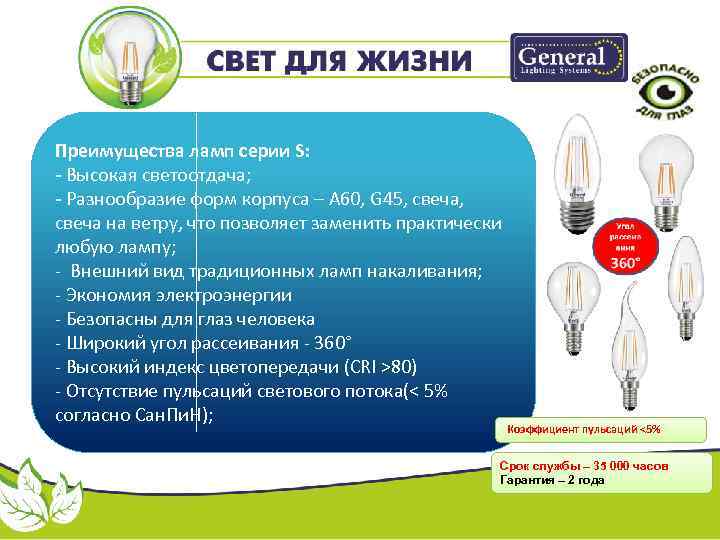 Преимущества ламп серии S: - Высокая светоотдача; - Разнообразие форм корпуса – А 60,