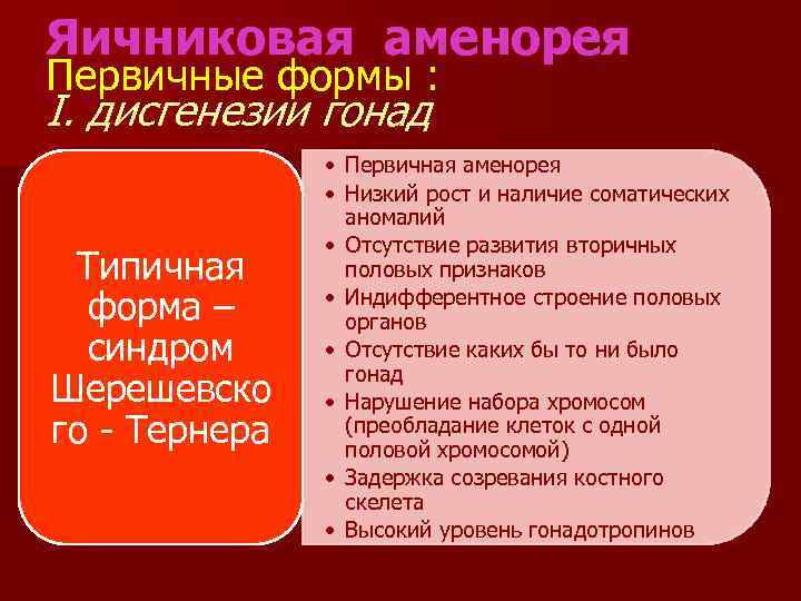 Яичниковая аменорея Первичные формы : I. дисгенезии гонад Типичная форма – синдром Шерешевско го