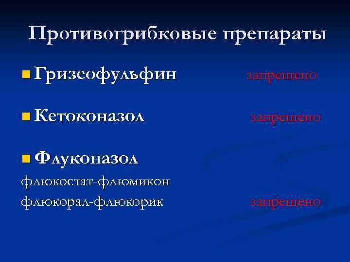 Противогрибковые препараты n Гризеофульфин запрещено n Кетоконазол запрещено n Флуконазол флюкостат-флюмикон флюкорал-флюкорик запрещено 