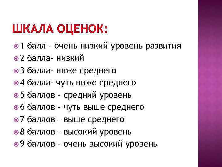ШКАЛА ОЦЕНОК: 1 2 3 4 5 6 7 8 9 балл – очень