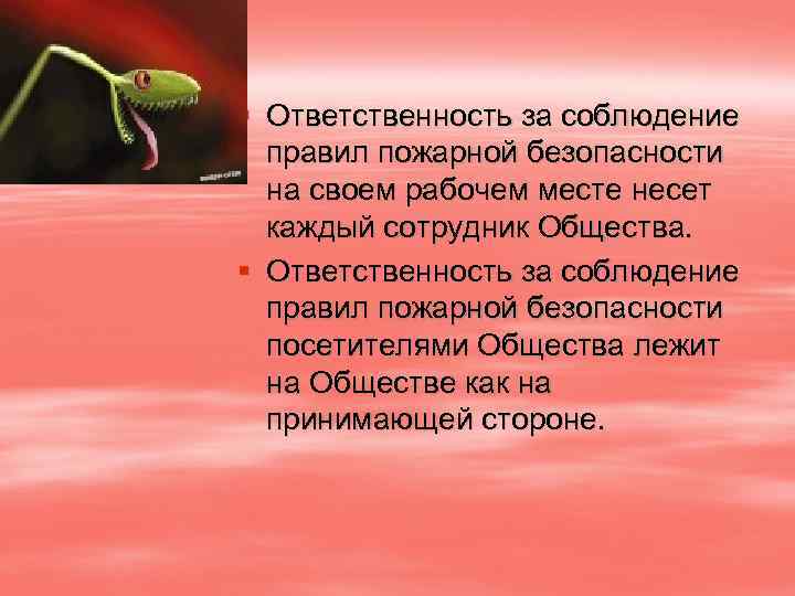 § Ответственность за соблюдение правил пожарной безопасности на своем рабочем месте несет каждый сотрудник