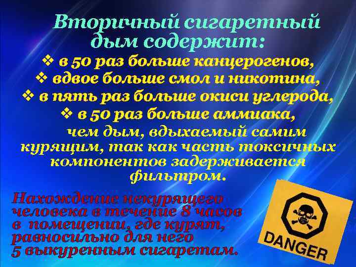 Вторичный сигаретный дым содержит: v в 50 раз больше канцерогенов, v вдвое больше смол