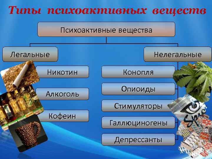 Типы психоактивных веществ Психоактивные вещества Легальные Никотин Алкоголь Кофеин Нелегальные Конопля Опиоиды Стимуляторы Галлюциногены