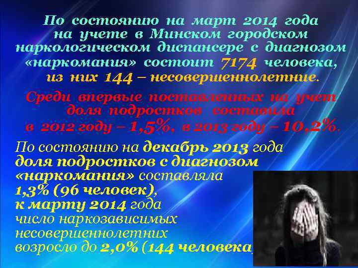По состоянию на март 2014 года на учете в Минском городском наркологическом диспансере с