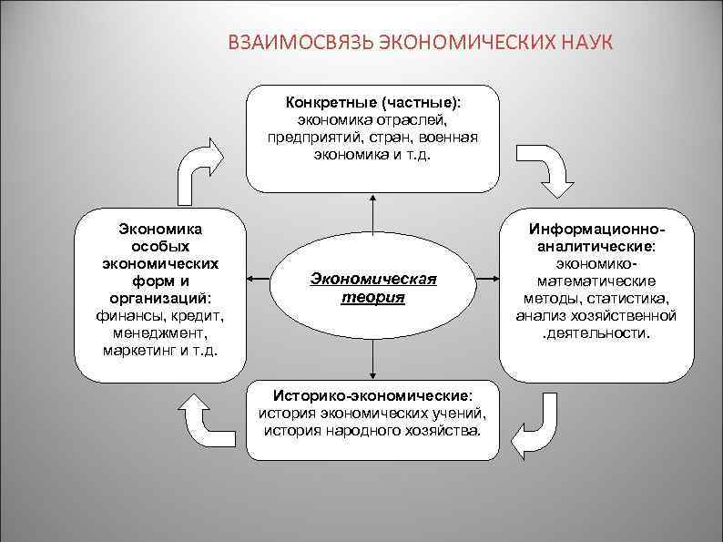 ВЗАИМОСВЯЗЬ ЭКОНОМИЧЕСКИХ НАУК Конкретные (частные): экономика отраслей, предприятий, стран, военная экономика и т. д.