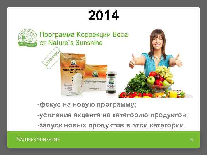 2014 -фокус на новую программу; -усиление акцента на категорию продуктов; -запуск новых продуктов в