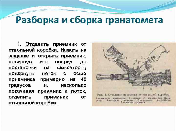 Разборка и сборка гранатомета 1. Отделить приемник от ствольной коробки. Нажать на защелке и