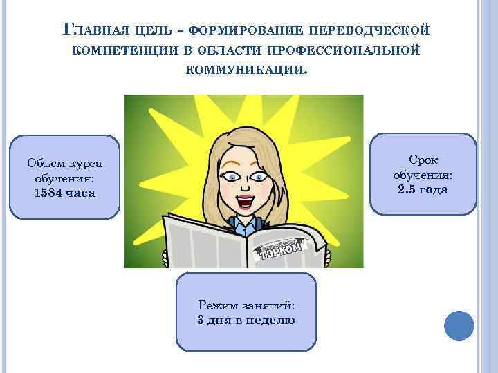 ГЛАВНАЯ ЦЕЛЬ - ФОРМИРОВАНИЕ ПЕРЕВОДЧЕСКОЙ КОМПЕТЕНЦИИ В ОБЛАСТИ ПРОФЕССИОНАЛЬНОЙ КОММУНИКАЦИИ. Срок обучения: 2. 5