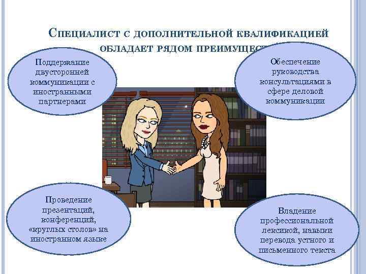 СПЕЦИАЛИСТ С ДОПОЛНИТЕЛЬНОЙ КВАЛИФИКАЦИЕЙ ОБЛАДАЕТ РЯДОМ ПРЕИМУЩЕСТВ! Поддержание двусторонней коммуникации с иностранными партнерами Проведение