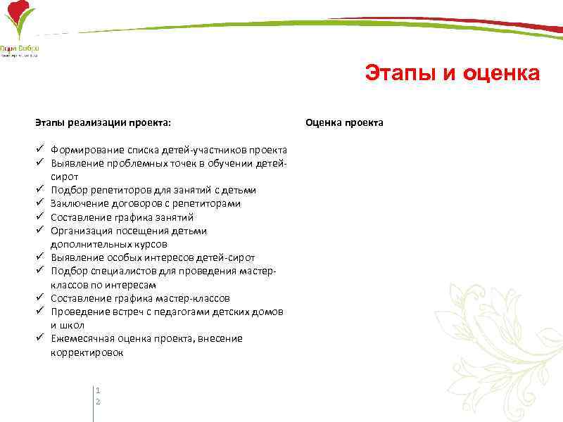 Этапы и оценка Этапы реализации проекта: ü Формирование списка детей-участников проекта ü Выявление проблемных