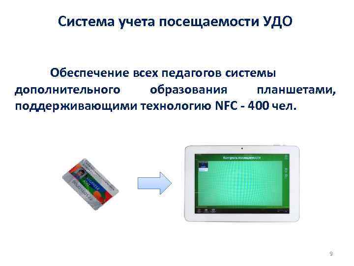 Система учета посещаемости УДО Обеспечение всех педагогов системы дополнительного образования планшетами, поддерживающими технологию NFC