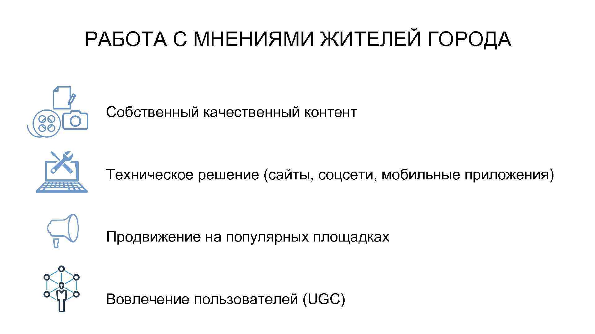 РАБОТА С МНЕНИЯМИ ЖИТЕЛЕЙ ГОРОДА Собственный качественный контент Техническое решение (сайты, соцсети, мобильные приложения)