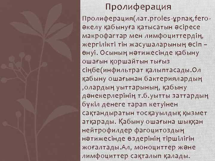 Пролиферация(лат. proles-ұрпақ, feroәкелу қабынуға қатысатын әсіресе макрофагтар мен лимфоциттердің, жергілікті тін жасушаларының өсіп –