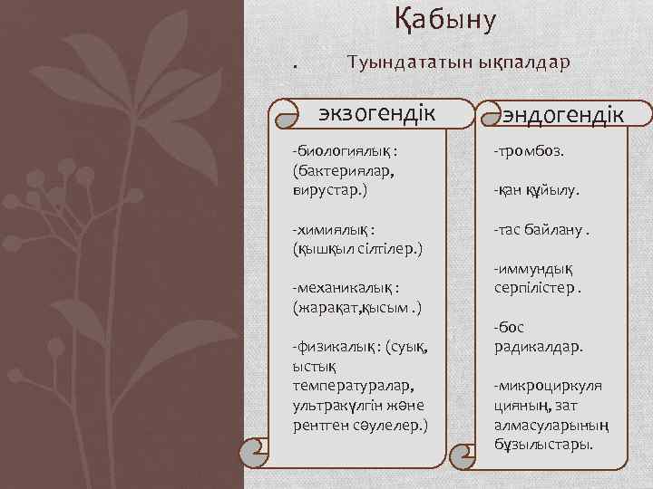 Қабыну. Туындататын ықпалдар экзогендік эндогендік -биологиялық : (бактериялар, вирустар. ) -тромбоз. -химиялық : (қышқыл